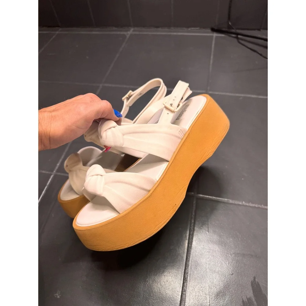 Melissa Velvet Platform Sandals Off White Cream Vegan Knot Slingback Womens 8